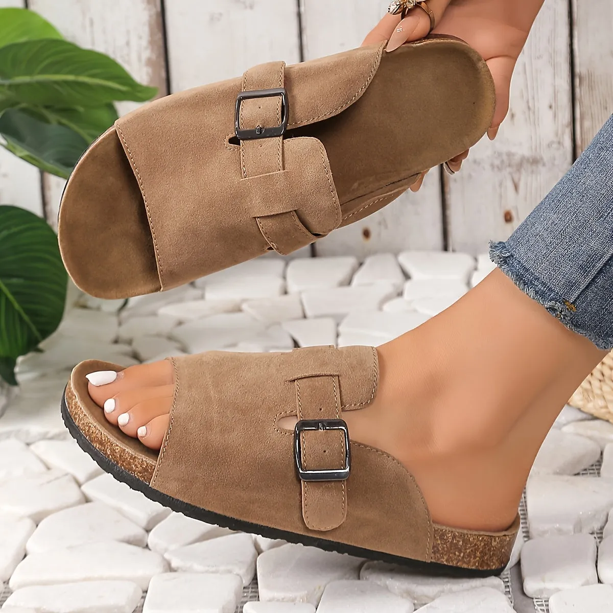 Adjustable Cork Slide Sandals  Womens Open Toe Slip-On Flats