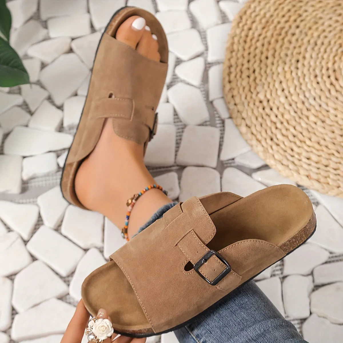 Adjustable Cork Slide Sandals  Womens Open Toe Slip-On Flats