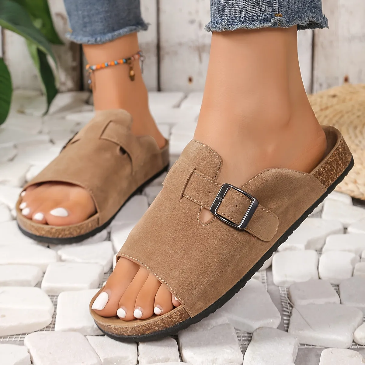 Adjustable Cork Slide Sandals  Womens Open Toe Slip-On Flats