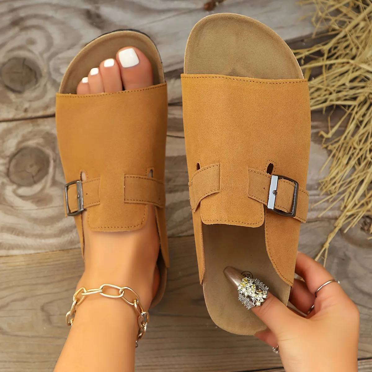 Adjustable Cork Slide Sandals  Womens Open Toe Slip-On Flats