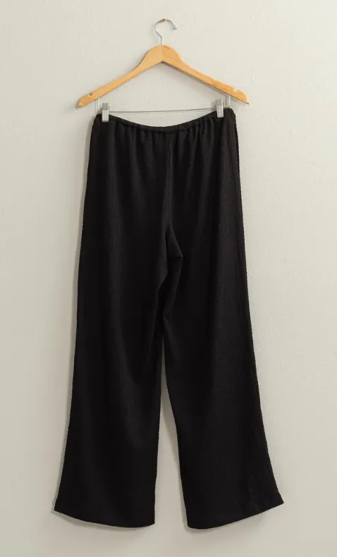 Black Crinkle Knit Wide Leg Drawstring Pants