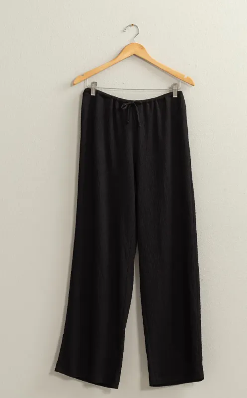 Black Crinkle Knit Wide Leg Drawstring Pants