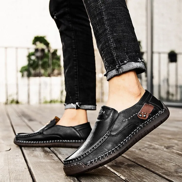 Bootara Hand-Stitched Men's Loafers Casual Outdoor Slip-On Genuine Leather Shoes