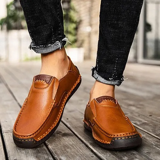 Bootara Hand-Stitched Men's Loafers Casual Outdoor Slip-On Genuine Leather Shoes