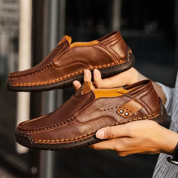 Bootara Hand-Stitched Men's Loafers Casual Outdoor Slip-On Genuine Leather Shoes