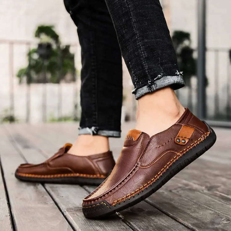 Bootara Hand-Stitched Men's Loafers Casual Outdoor Slip-On Genuine Leather Shoes