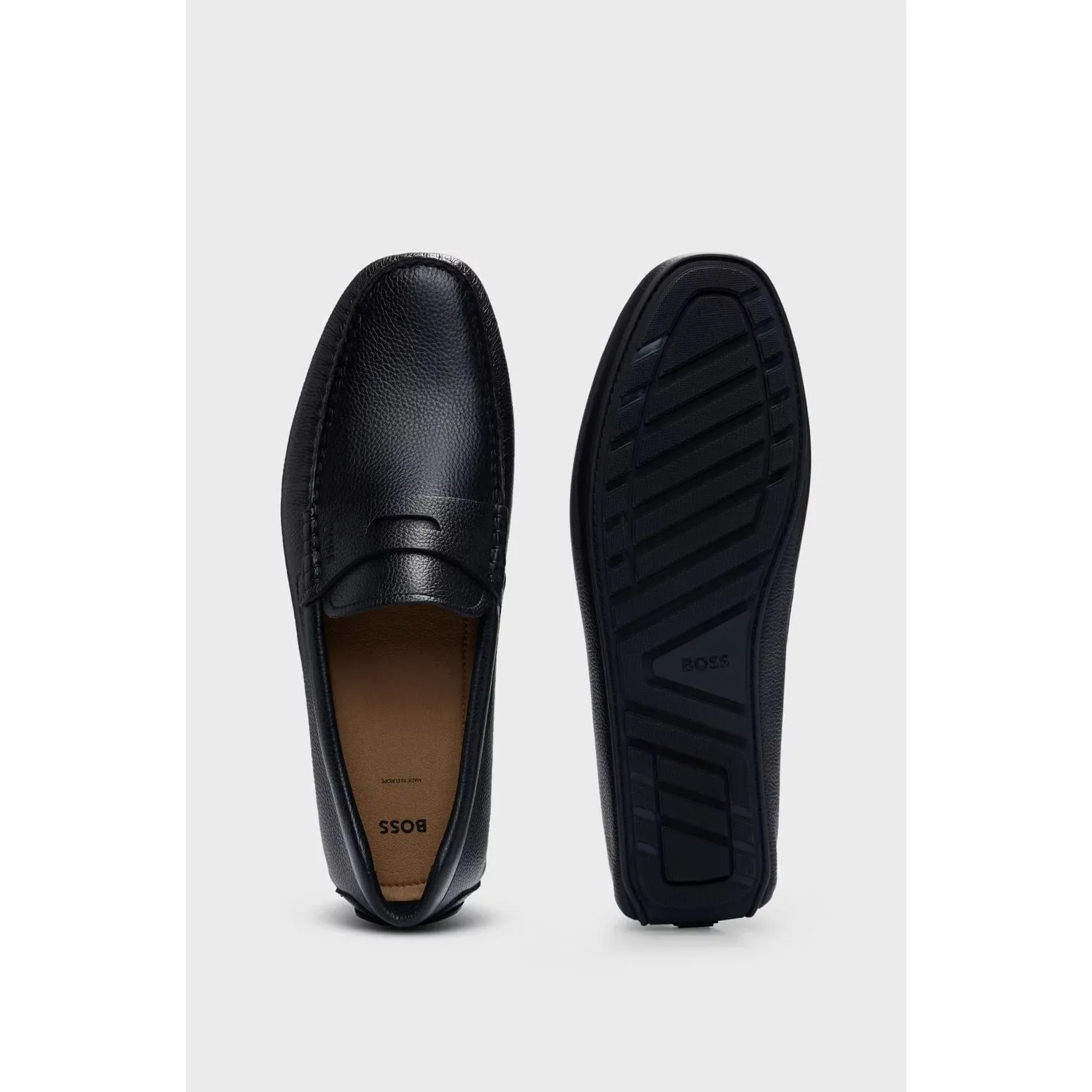 BOSS GRAINED-LEATHER DRIVER MOCCASINS WITH LOGO STRAP