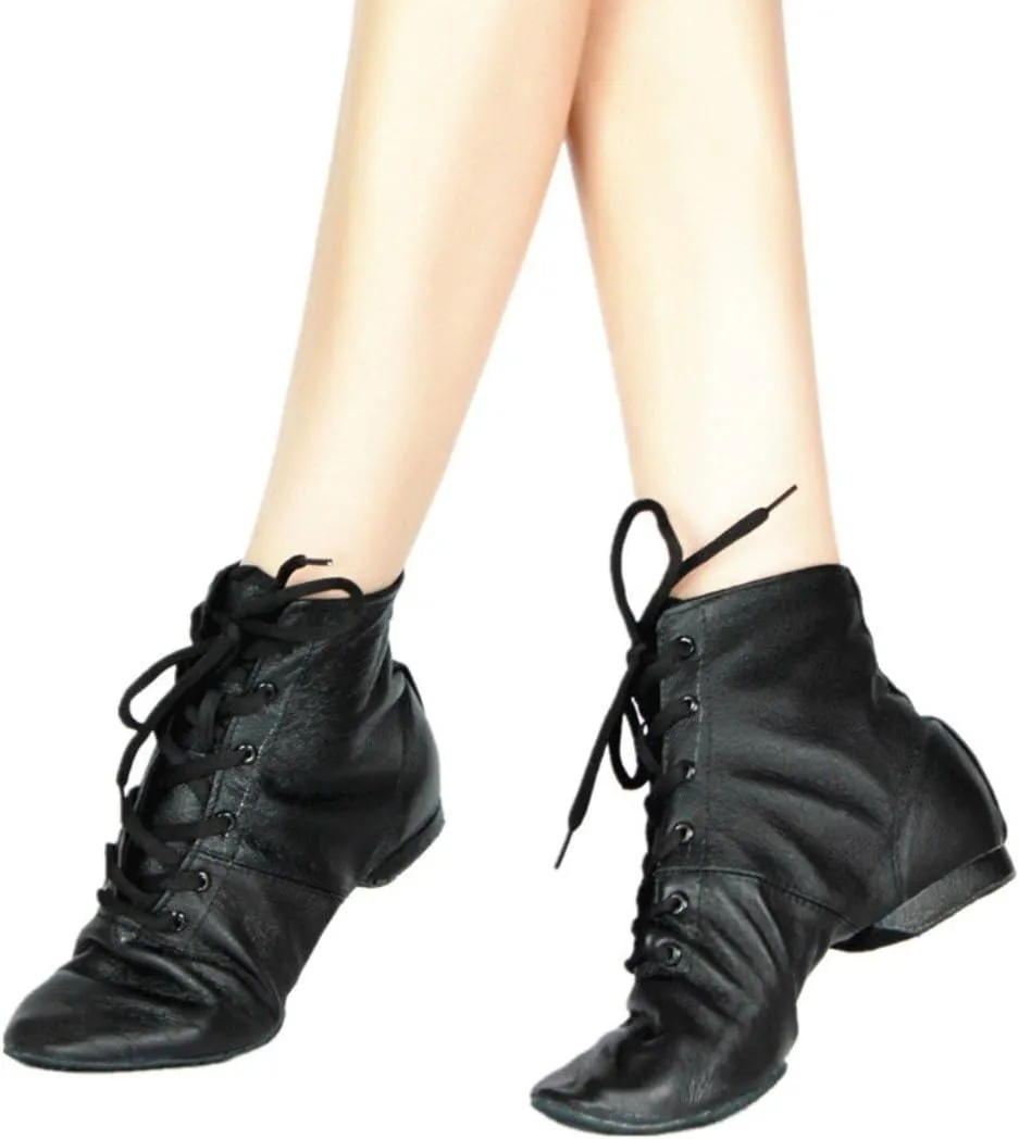 Cheapdancing Womens Leather Practice Dancing Shoes Jazz Boots Soft-Soled High Boots, Black