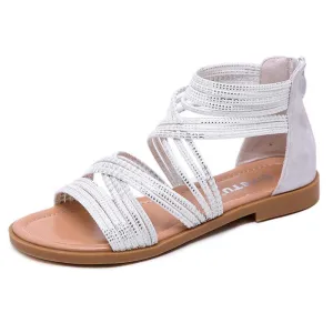 Chicvane Criss Cross Brilliant Paillette Zipper Closure Flat Shoes Rome Sandals