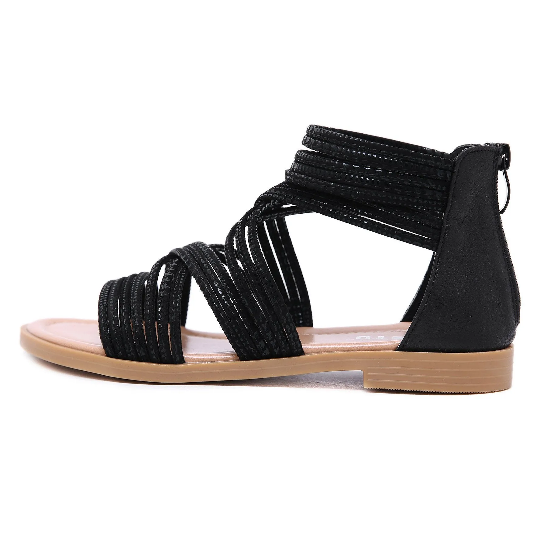 Chicvane Criss Cross Brilliant Paillette Zipper Closure Flat Shoes Rome Sandals