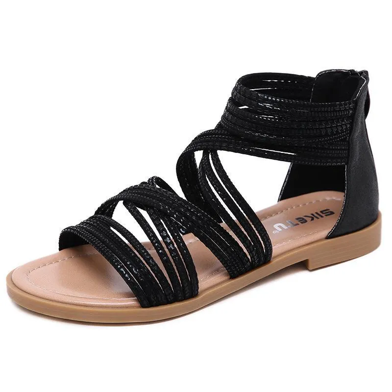 Chicvane Criss Cross Brilliant Paillette Zipper Closure Flat Shoes Rome Sandals