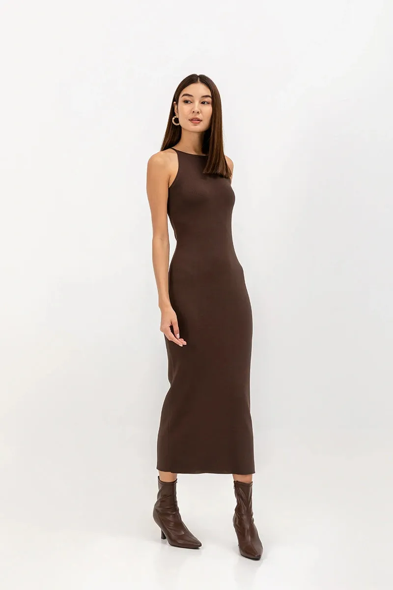 Chocolate Brown Sleeveless Racer Neck Dress