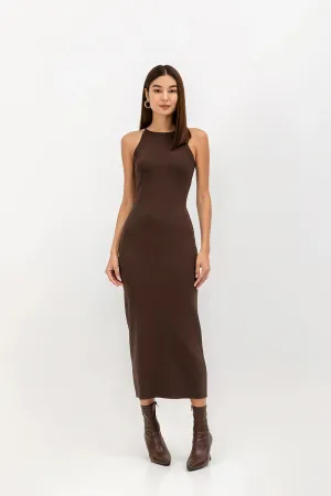 Chocolate Brown Sleeveless Racer Neck Dress