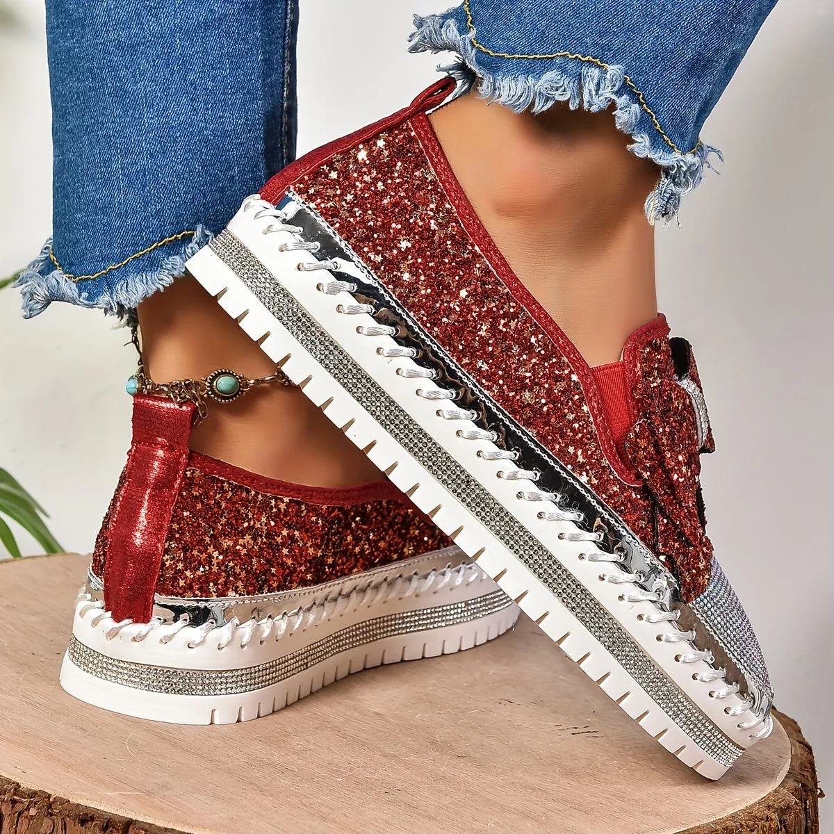Dames slip-on loafers-glinsterende platformschoenen met lus