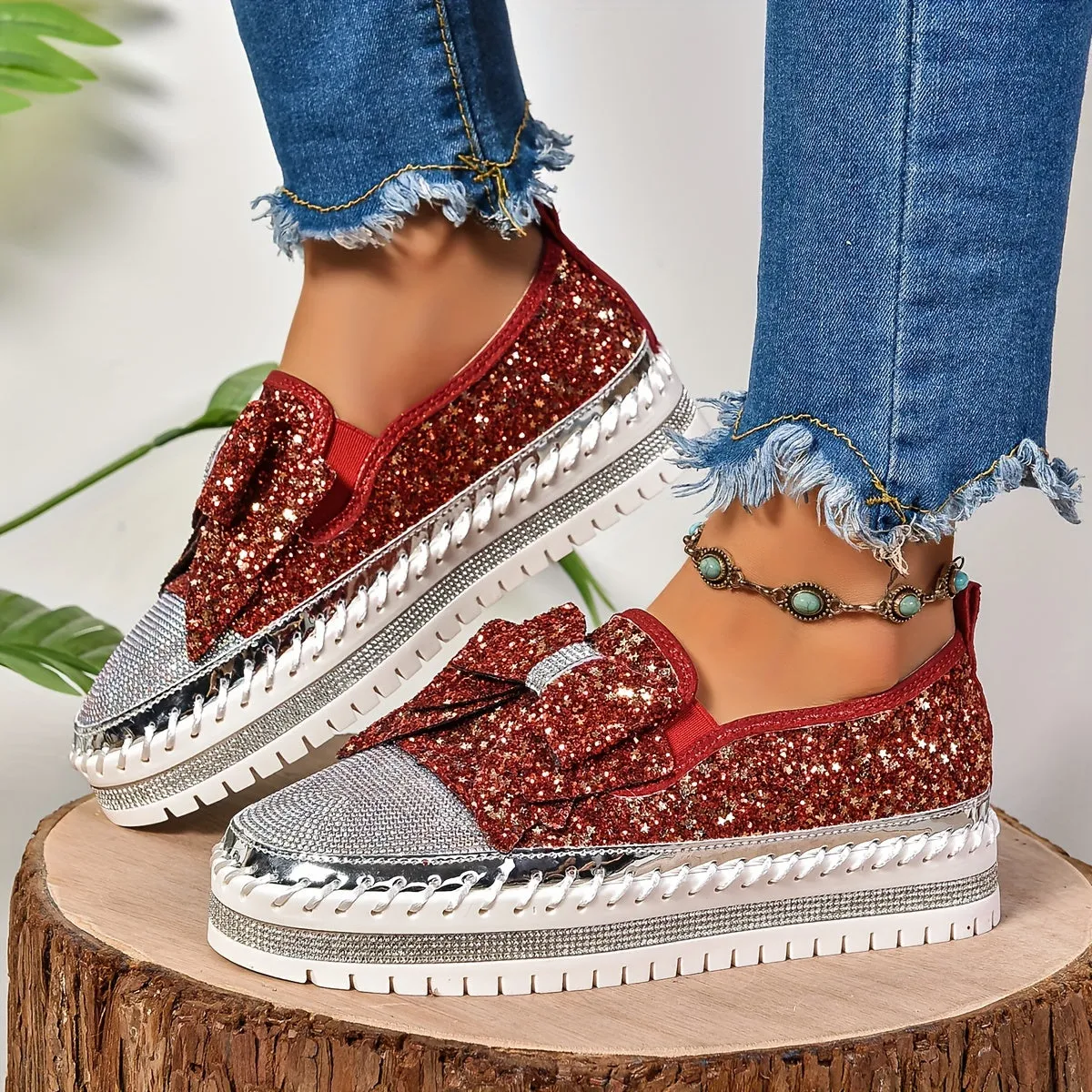 Dames slip-on loafers-glinsterende platformschoenen met lus