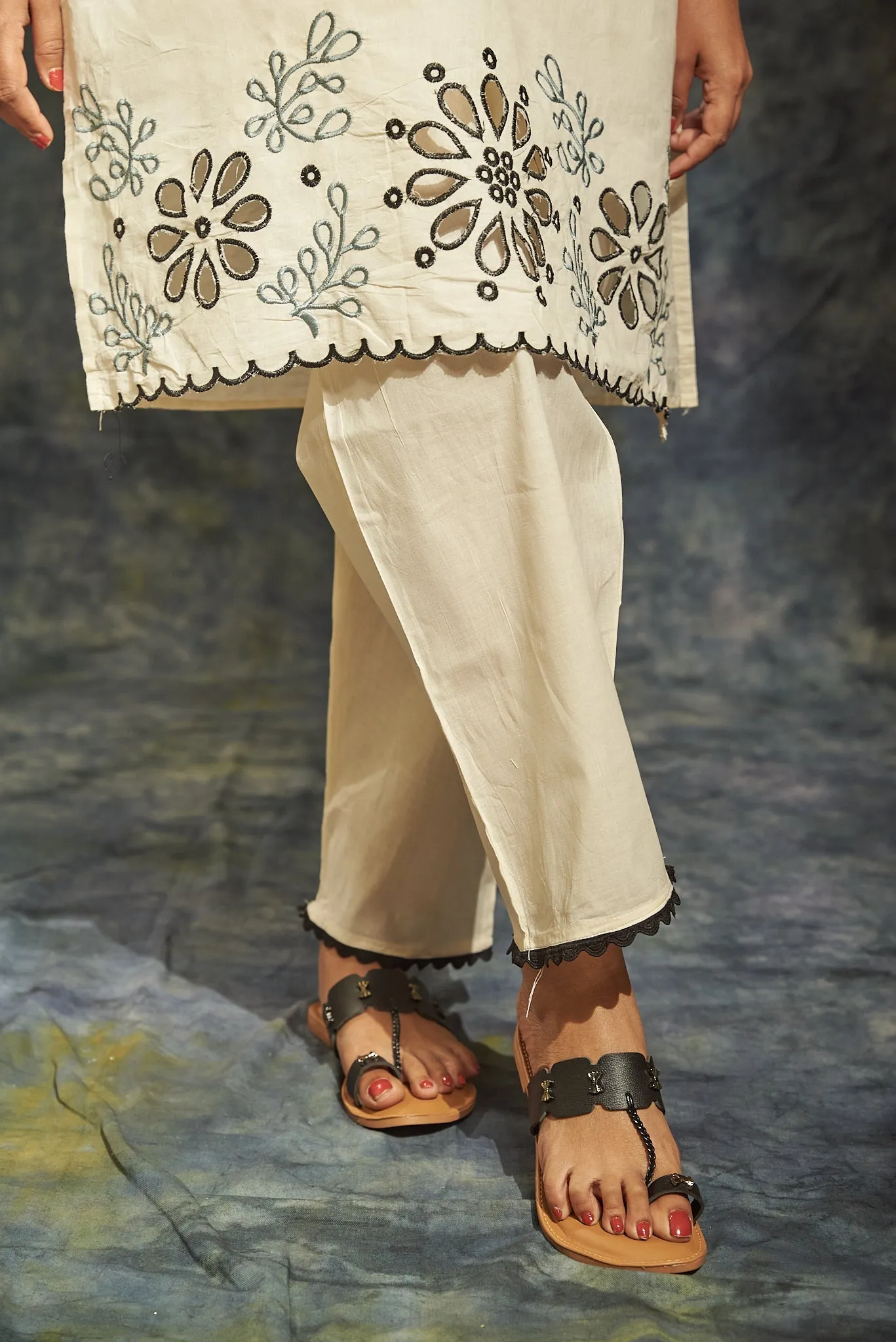 Embroidered Off-White Cotton Kurta Set