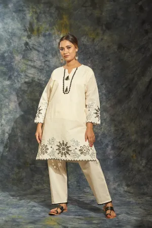Embroidered Off-White Cotton Kurta Set