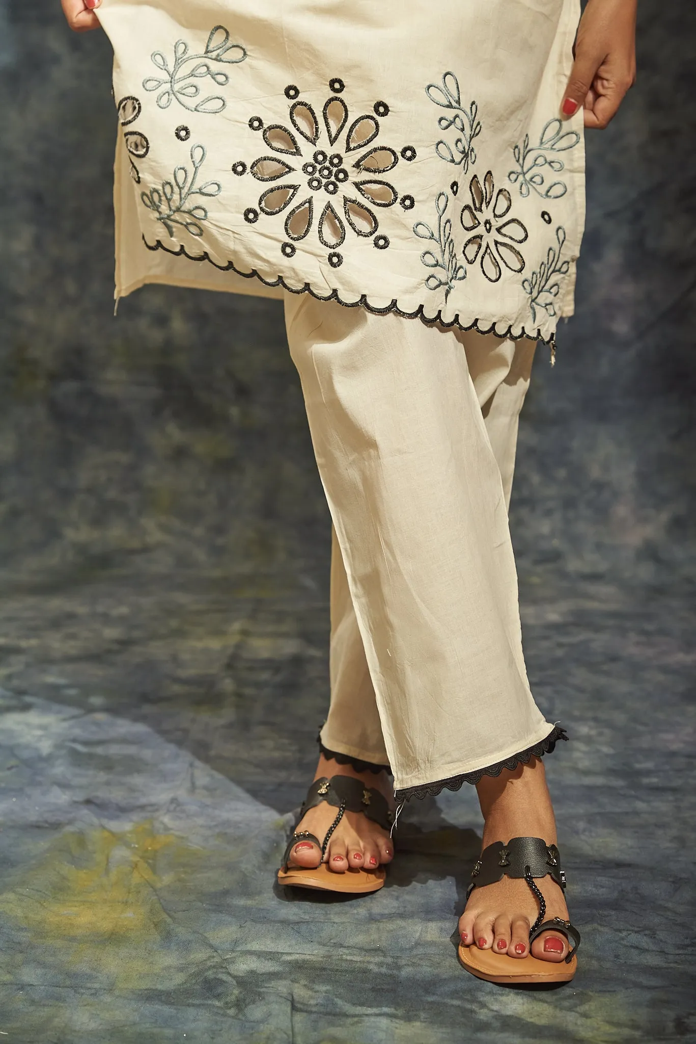 Embroidered Off-White Cotton Kurta Set