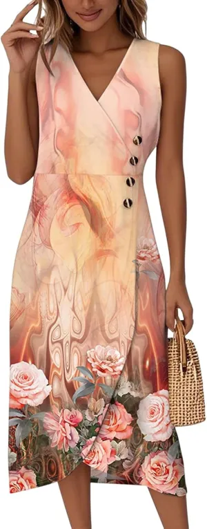 FlekmanArt Summer Dresses for Women 2025 Casual V Neck Sleeveless Midi Dress Flowy Irregular Hem Boho Tank Dress