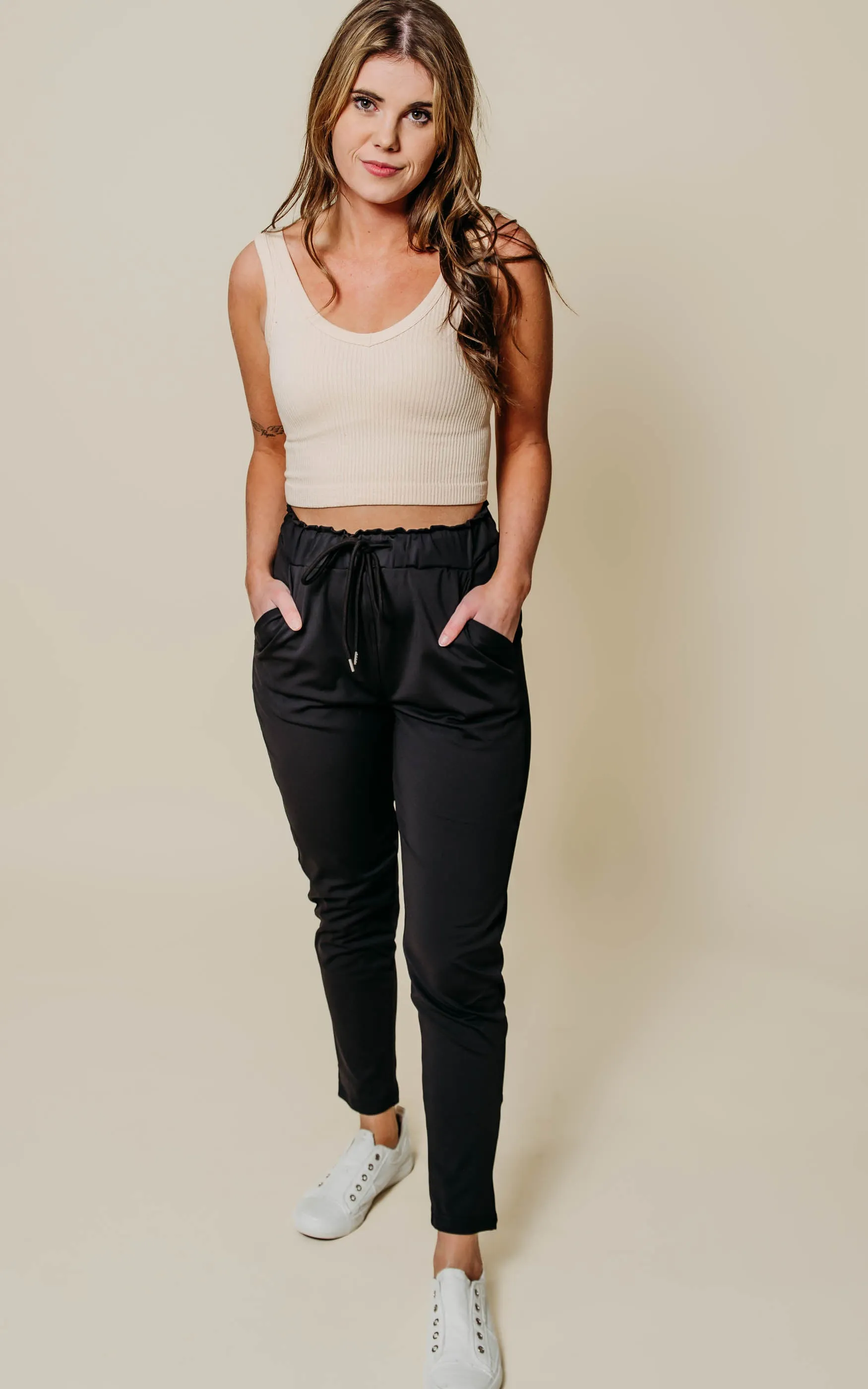 High Waist Black Knit Jogger - White Birch | FINAL SALE