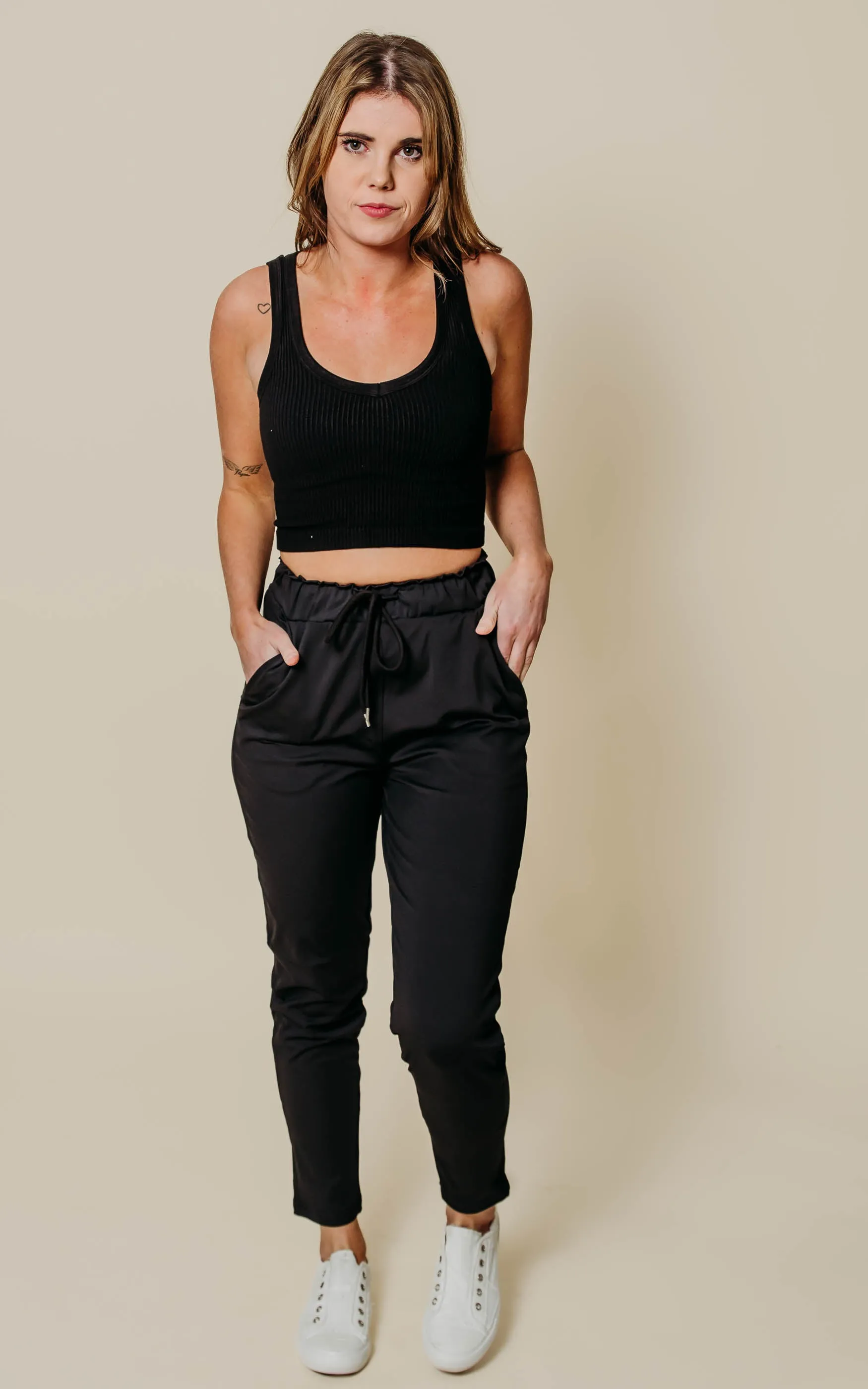 High Waist Black Knit Jogger - White Birch | FINAL SALE