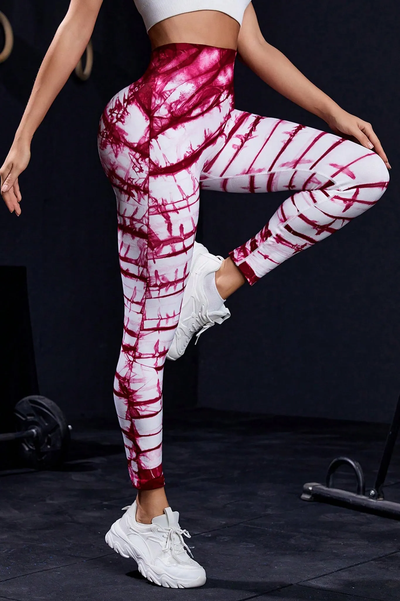 High-Waist Tie-Dye Active Leggings -  Red
