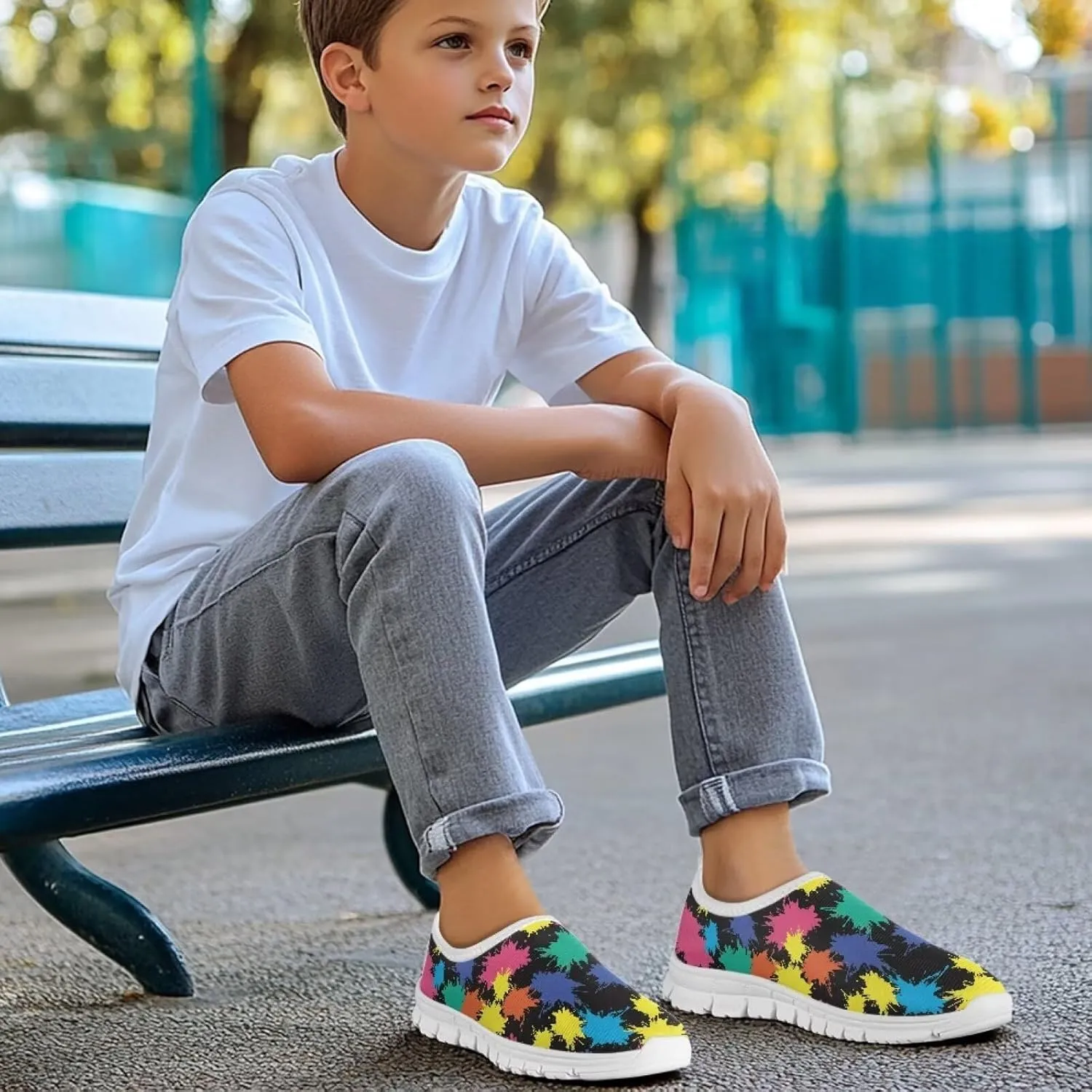 Kids Slip-On Athletic Shoes Breathable Mesh Running Sneakers for Boy Girl Comfort Anti-Skid Shoe for School & Outdoor Activities Size 11-15 White Sole