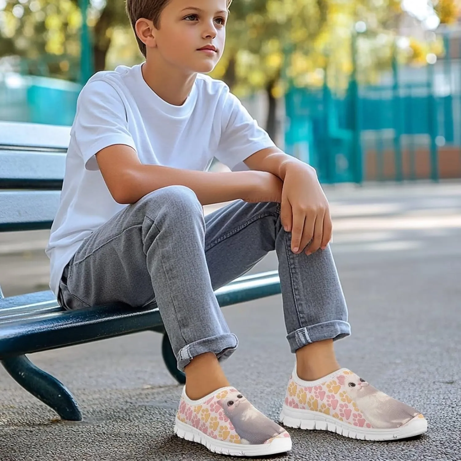 Kids Slip-On Athletic Shoes Breathable Mesh Running Sneakers for Boy Girl Comfort Anti-Skid Shoe for School & Outdoor Activities Size 11-15 White Sole