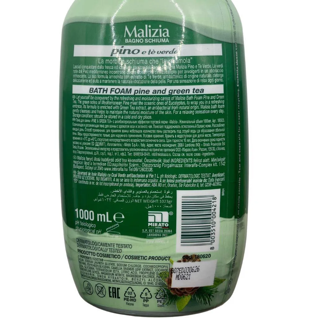Malizia Bath Foam Pine and Green Tea with Antibacterial 1 Litre