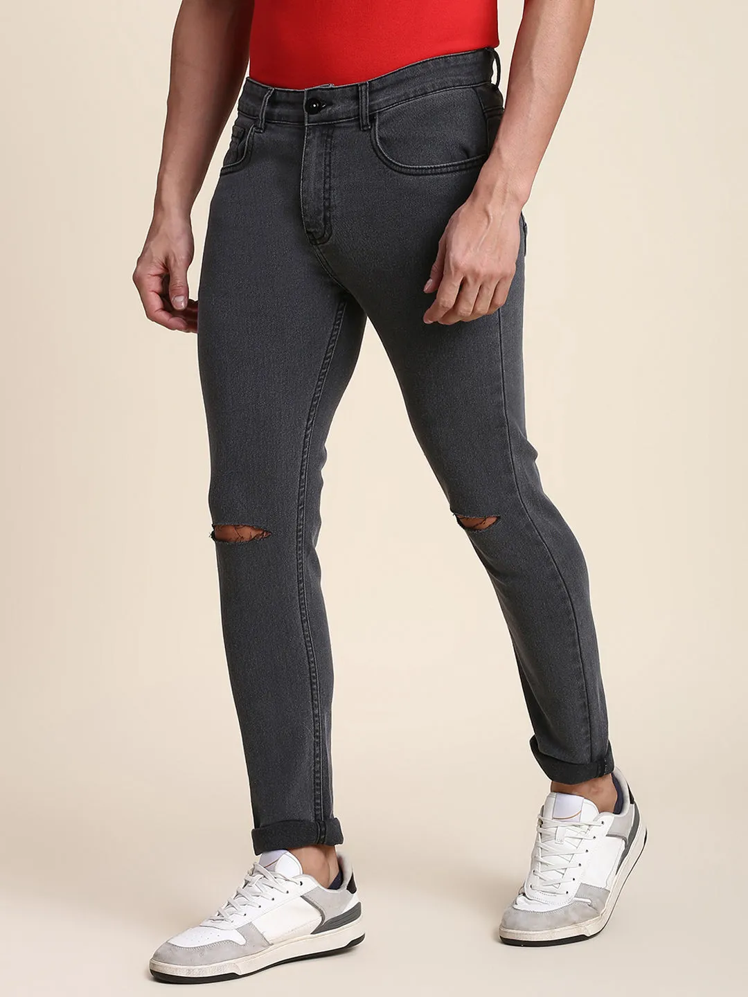 Men's Slim Fit Black Jeans With 5-Pockets Mid-Rise Stretchable Waistband & Belt Loops