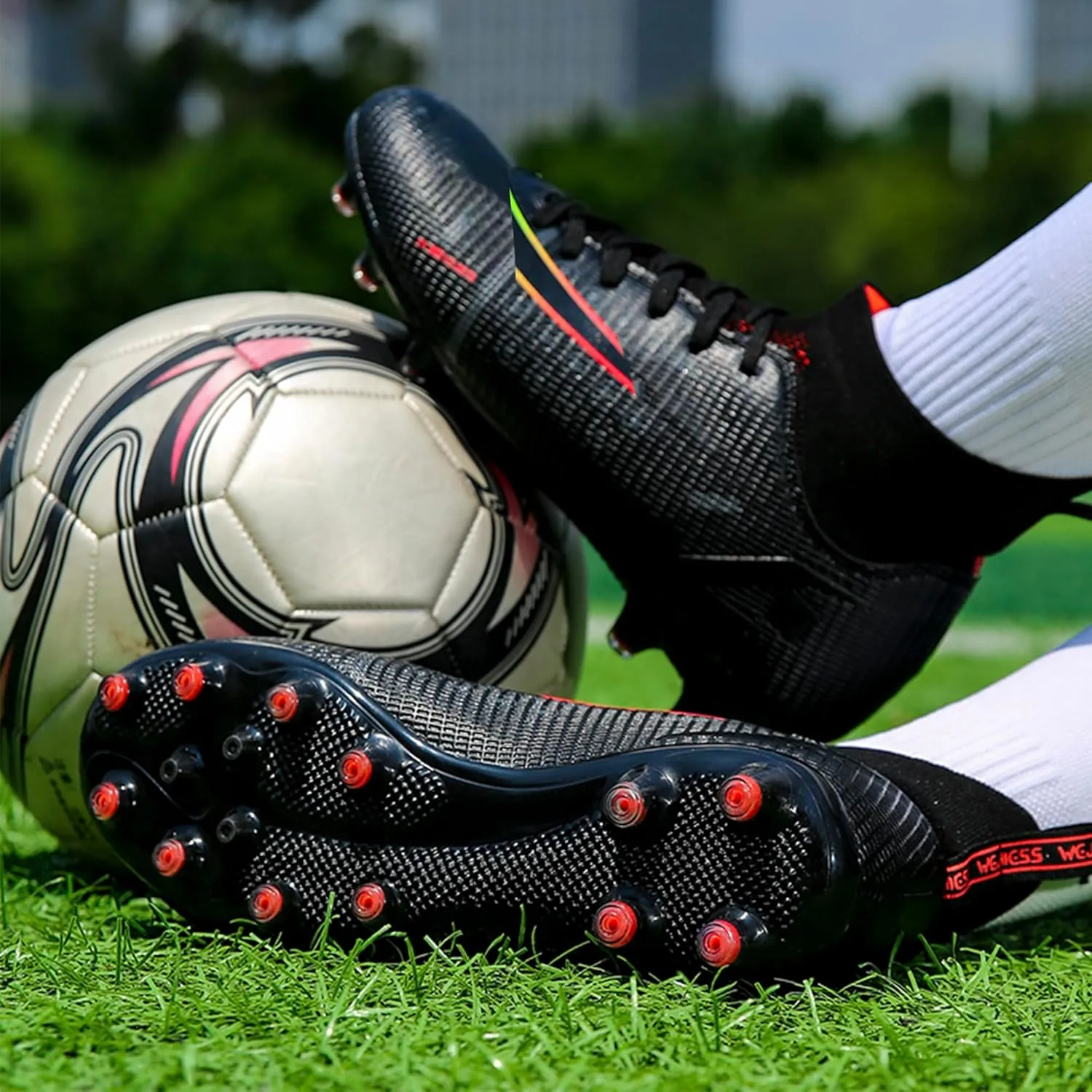 Men's Soccer Cleats Football Shoes with Non-Slip Spikes High-Tops Lace-Up Ankle Support Outdoor Firm Ground Turf Baseball Lacrosse Combat Boots