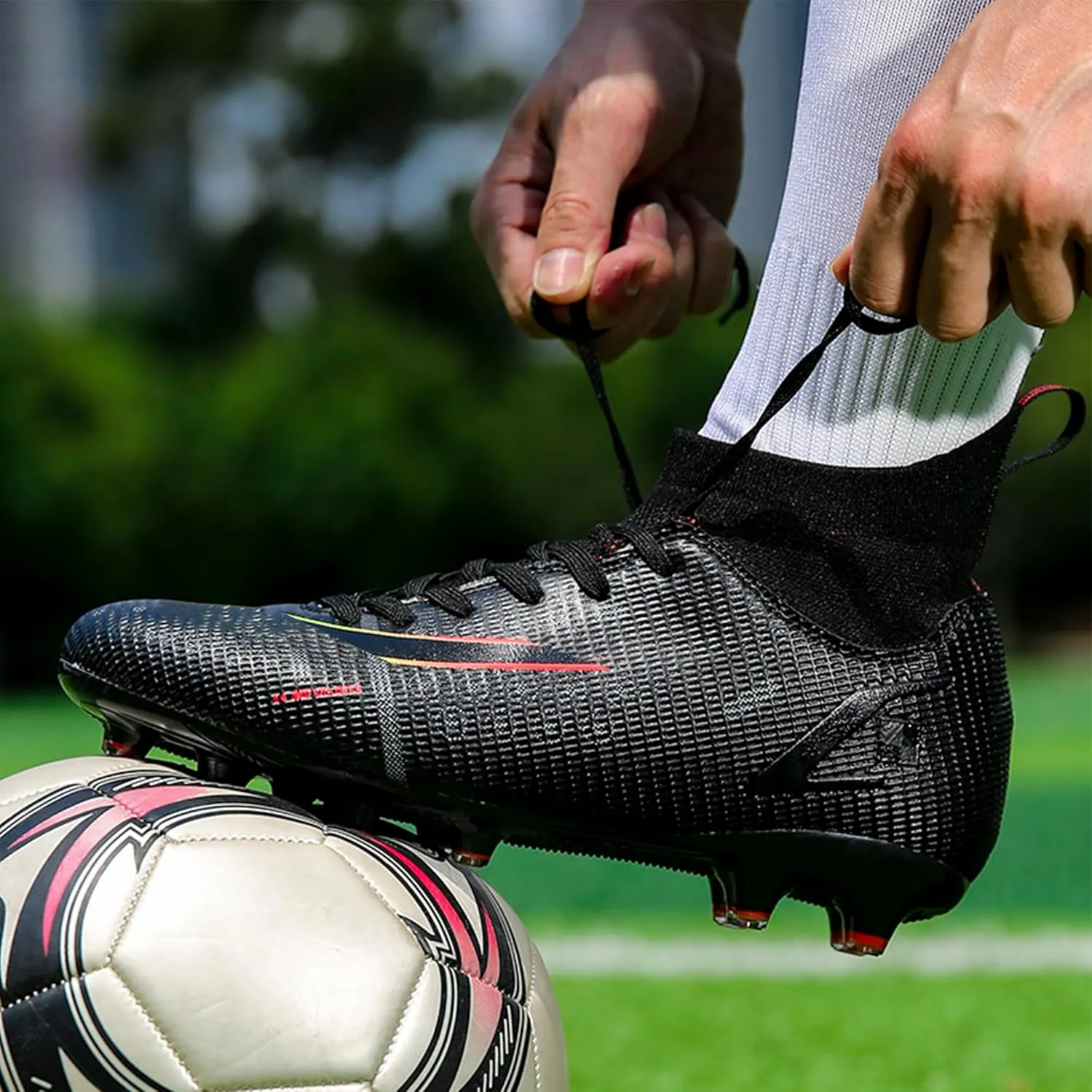 Men's Soccer Cleats Football Shoes with Non-Slip Spikes High-Tops Lace-Up Ankle Support Outdoor Firm Ground Turf Baseball Lacrosse Combat Boots