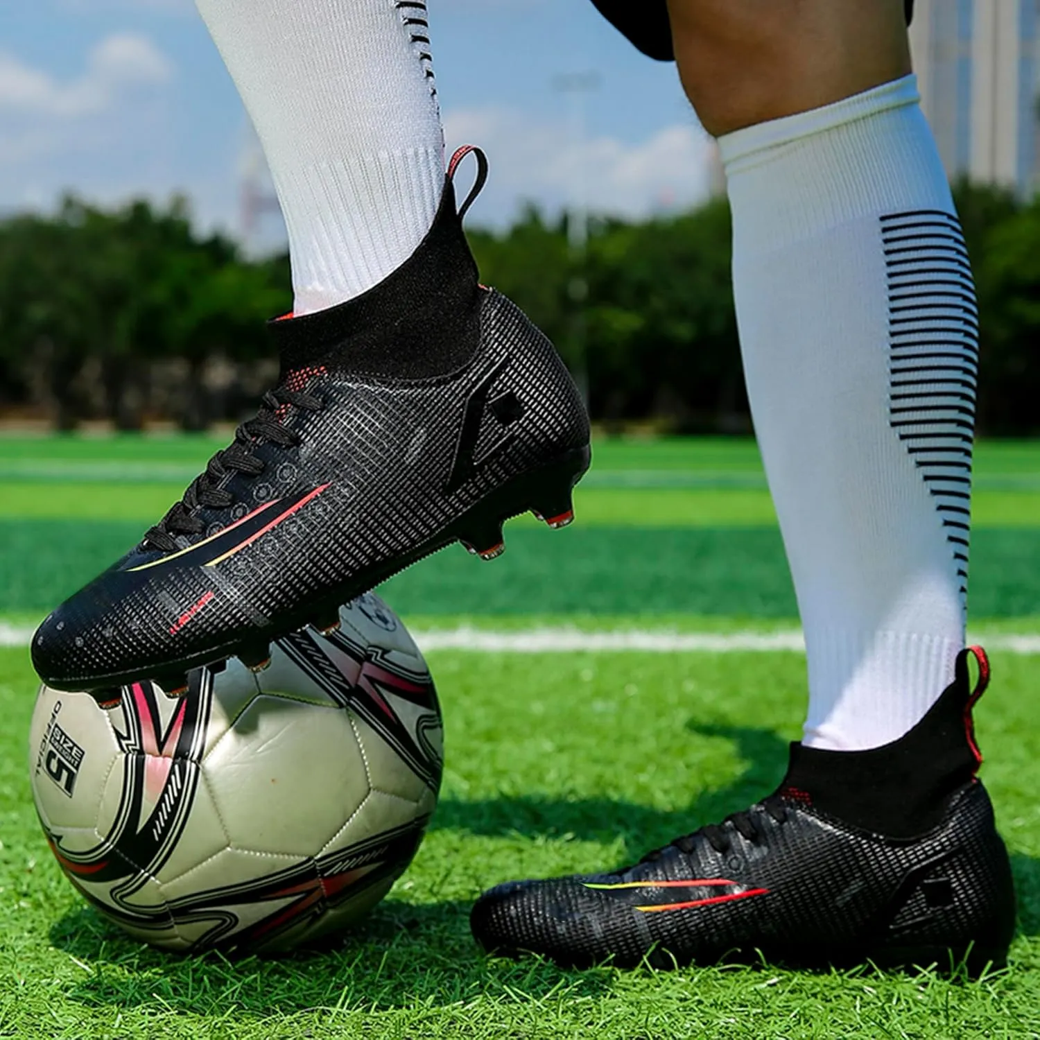 Men's Soccer Cleats Football Shoes with Non-Slip Spikes High-Tops Lace-Up Ankle Support Outdoor Firm Ground Turf Baseball Lacrosse Combat Boots