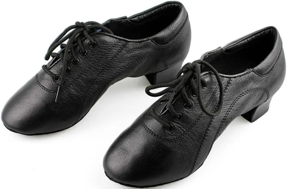 Mens Soft Leather Jazz Shoes Modern Latin Lace-up Closed Toe 4CM Standard Dance Shoes