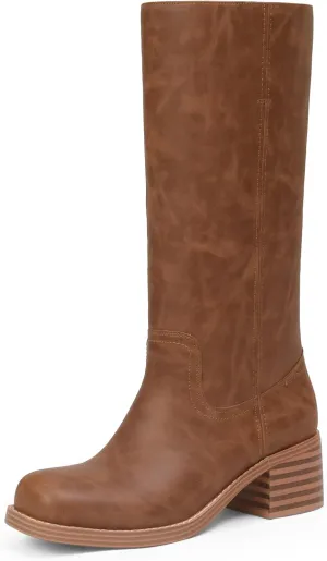 Mid Calf Boots for Women Chunky Block Heel Womens Tall Boots Square Toe Comfortable Casual Boots Low Heel Trendy Stylish Boots