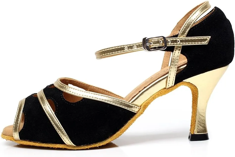 Minishion QJ6226 Women's Color Block Satin Latin Salsa Dance Shoes