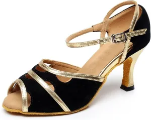 Minishion QJ6226 Women's Color Block Satin Latin Salsa Dance Shoes
