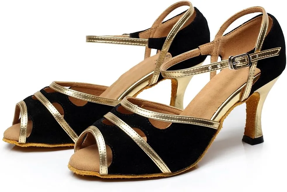 Minishion QJ6226 Women's Color Block Satin Latin Salsa Dance Shoes
