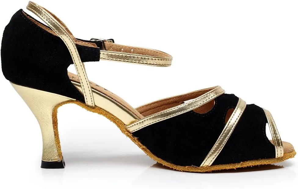 Minishion QJ6226 Women's Color Block Satin Latin Salsa Dance Shoes
