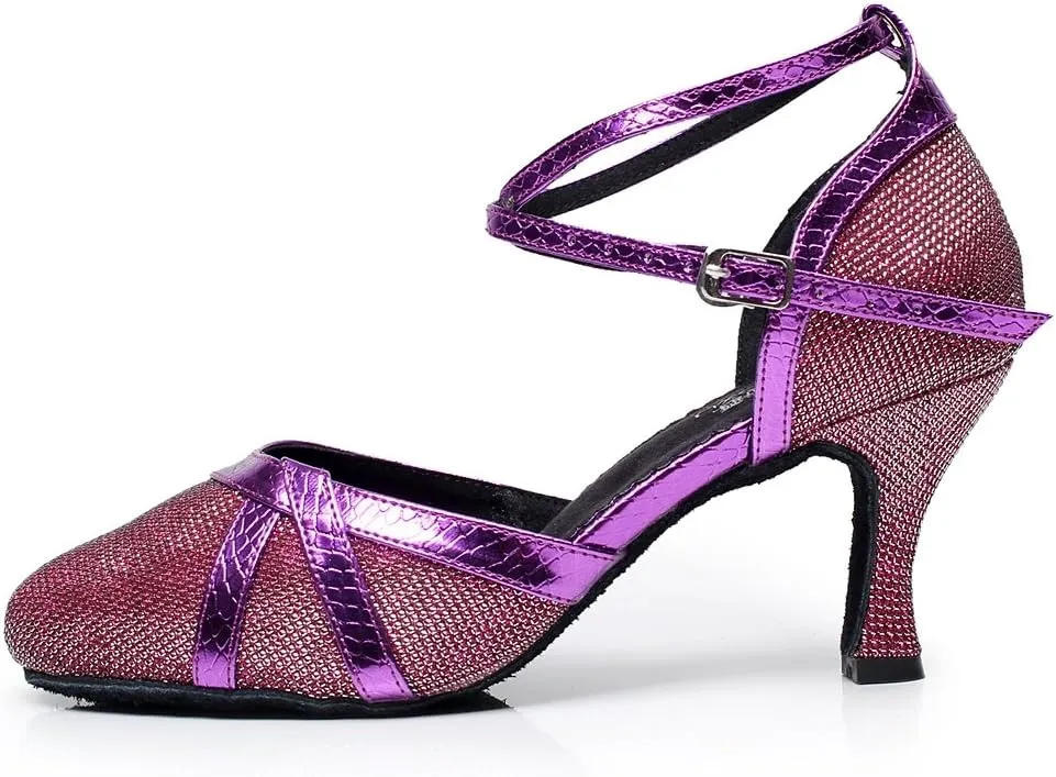 Minishion QJ6227 Women's Color Block Satin Latin Salsa Dance Shoes