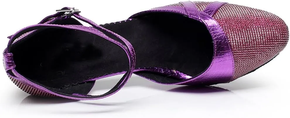 Minishion QJ6227 Women's Color Block Satin Latin Salsa Dance Shoes