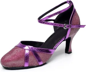 Minishion QJ6227 Women's Color Block Satin Latin Salsa Dance Shoes
