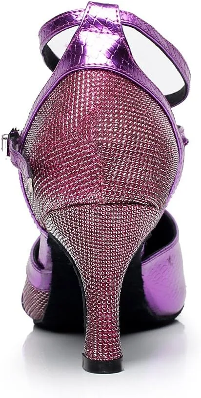 Minishion QJ6227 Women's Color Block Satin Latin Salsa Dance Shoes