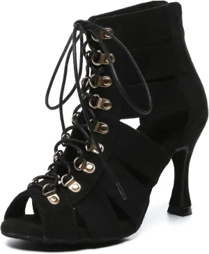 Minishion Womens Ballroom Dance Boot Lace-Up Peep Toe Prom Ankle Sandals Shoes