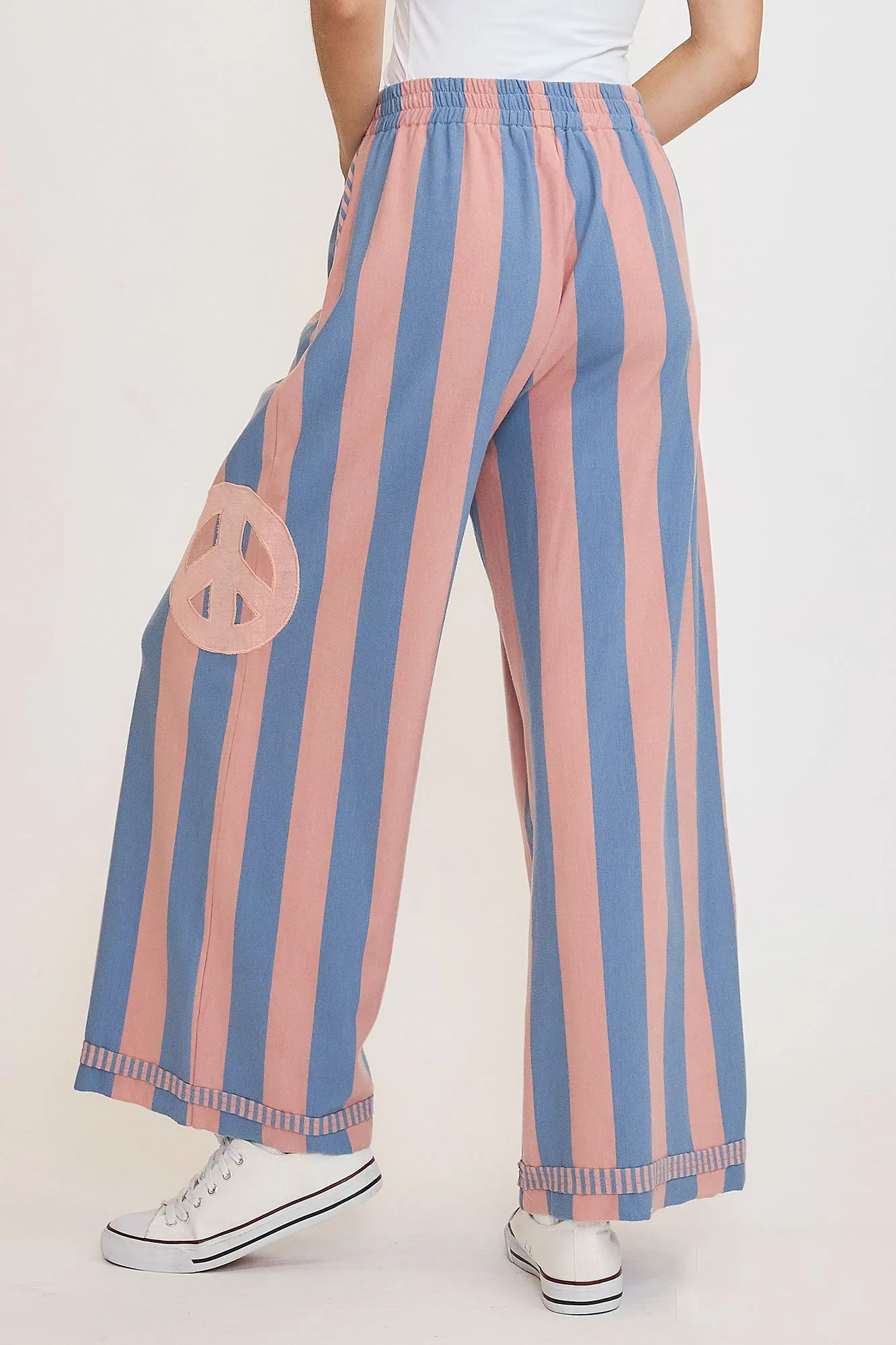 Peace Sign Patch Striped Wide Leg Pants