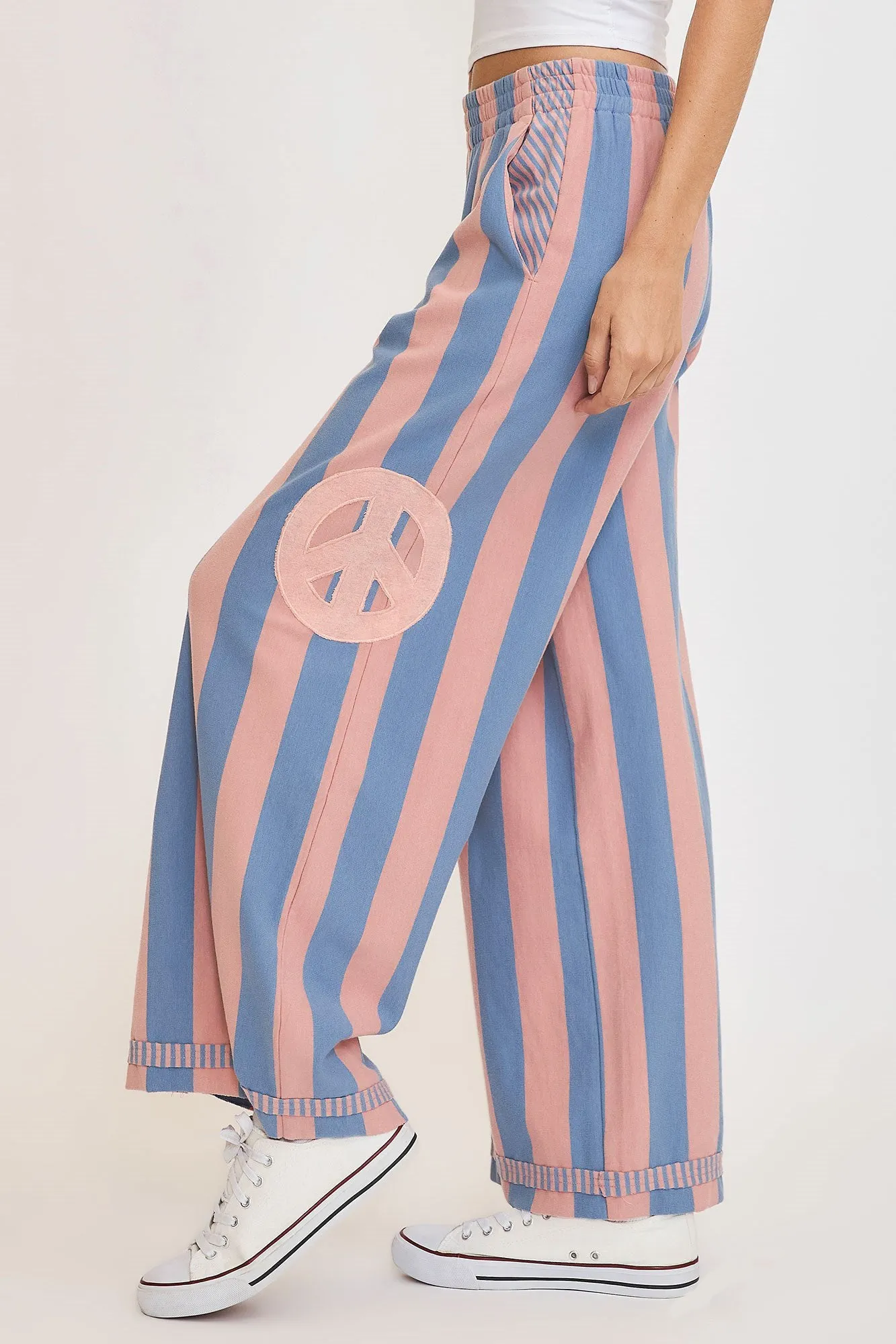 Peace Sign Patch Striped Wide Leg Pants