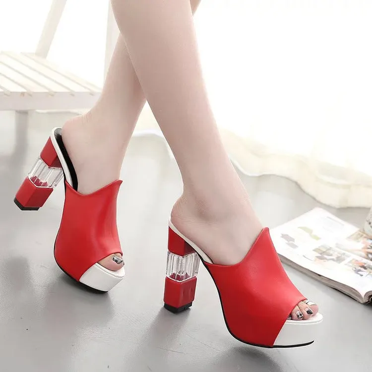 Peep-toe PU Chunky Heel Slipper Sandals