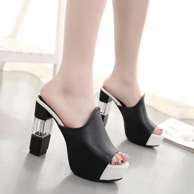 Peep-toe PU Chunky Heel Slipper Sandals