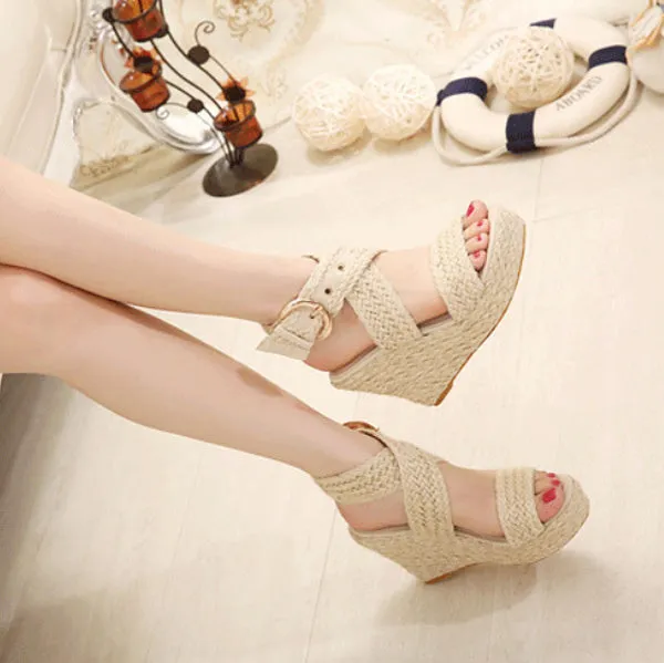 Platform Wedge Espadrille Buckle Sandals