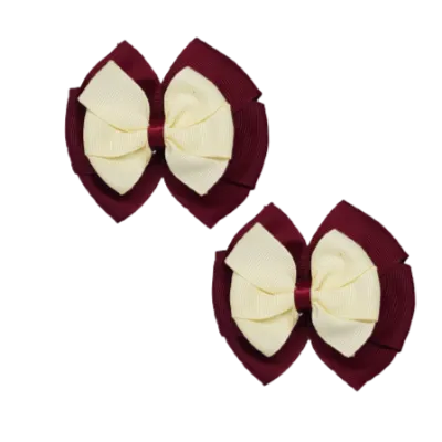 School Hair Accessories Double Bella Hair Bow 10cm - Burgundy Base & Centre Ribbon (24 colours top)